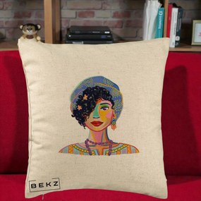 Perna Decorativa Portret Femeie Etnic Colorat, 40x40 cm, Bej, Husa Detasabila, Perna Inclusa, BEKZ®