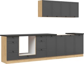 Set bucatarie JUNONA LINE, gri grafit/stejar, PAL, 300 cm, cu blat neg