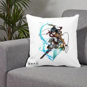 Perna Personalizata Attack on Titan Mikasa Ackerman Lupta, 40x40 cm, Alba Mata, Husa Detasabila, Perna Inclusa, BEKZ®
