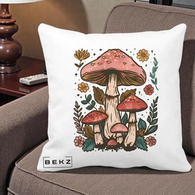 Perna Decorativa Ciuperci Vintage Floral, 40x40 cm, Alba Mata, Husa Detasabila, Perna Inclusa, BEKZ®