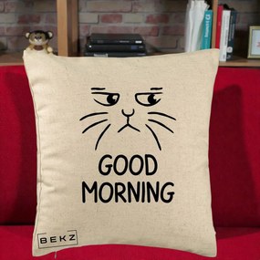Perna Decorativa Pisica Morocanoasa Good Morning, 40x40 cm, Bej, Husa Detasabila, Perna Inclusa, BEKZ®
