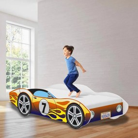 Pat tip masinuta pentru copii NOVOKIDS™ CORVETTE, 160x80 CM, Set cu Saltea din Spuma MATSEN® 10 CM Inclusa, Somiera Sistem FLEX, Cu Protectii