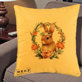 Perna Decorativa Iepuras Floral Coronita Acuarela, 40x40 cm, Galben, Husa Detasabila, Perna Inclusa, BEKZ®