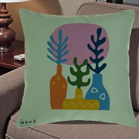 Perna Decorativa Vaze Botanice Abstract, 40x40 cm, Verde, Husa Detasabila, Perna Inclusa, BEKZ®