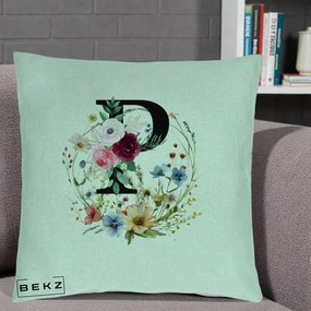 Cadou Personalizat - Perna Personalizata Monogram Litera P cu Flori Acuarela, 40x40 cm, Verde Menta, Husa Detasabila, Perna Inclusa, BEKZ®