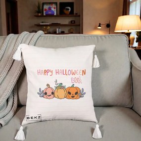 Perna Decorativa Happy Halloween Boo Trei Dovlecei Kawaii, 40x40 cm, Bej cu Franjuri, Husa Detasabila, Perna Inclusa, BEKZ®