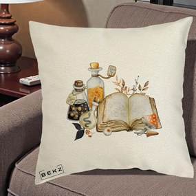 Perna Decorativa Grimoire Vrajitoare si Filtre Magice Halloween, 40x40 cm, Ecru, Husa Detasabila, Perna Inclusa, BEKZ®