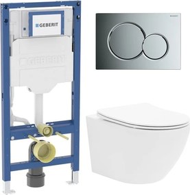 Rezervor WC cu cadru incastrat Geberit Duofix UP320 cu sistem de fixare, clapeta de actionare Sigma01 crom plus vas WC Rune Ivaldi alb cu capac softclose