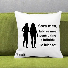 Cadou pentru Sora - Perna Personalizata Sora Mea Te Iubesc Siluete Negre Tinand Maini, 40x40 cm, Alba Mata, Husa Detasabila, Perna Inclusa, BEKZ®