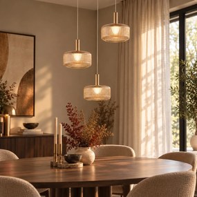 Lampă suspendată de design Fiera, aur rozaliu, cu sticlă chihlimbarie, LED inclus, reglabilă în 3 trepte, 3 lumini, Easylift