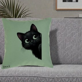 Perna Decorativa Pisica Neagra Dragalasa Curioasa, 40x40 cm, Verde, Husa Detasabila, Perna Inclusa, BEKZ®