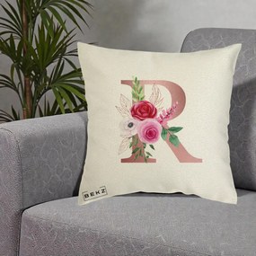 Cadou Personalizat - Perna Personalizata Monograma Rose Gold Litera R, 40x40 cm, Ecru, Husa Detasabila, Perna Inclusa, BEKZ®