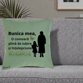 Cadou pentru Bunica - Perna Personalizata Bunica Mea Comoara Iubire Intelepciune Varianta Extinsa, 40x40 cm, Verde, Husa Detasabila, Perna Inclusa, BEKZ®
