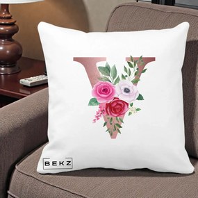 Cadou Personalizat - Perna Personalizata Monograma Rose Gold Litera V, 40x40 cm, Alba Mata, Husa Detasabila, Perna Inclusa, BEKZ®