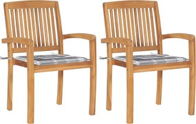 vidaXL Scaune grădină, perne gri model carouri, 2 buc., lemn masiv tec