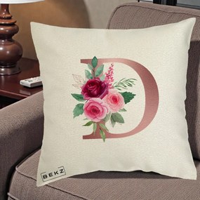 Cadou Personalizat - Perna Personalizata Monograma Rose Gold Litera D, 40x40 cm, Ecru, Husa Detasabila, Perna Inclusa, BEKZ®