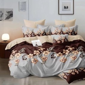 Lenjerie pat dublu cu două feţe  4 piese  Bumbac Satinat Superior  Maro  flori