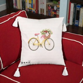 Perna Decorativa Bicicleta Galbena cu Cos de Flori Primavara, 40x40 cm, Bej cu Franjuri, Husa Detasabila, Perna Inclusa, BEKZ®