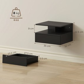 HOMCOM Set de 2 Noptiere Suspendate cu Sertar și Raft Deschis, 35x32x22.5 cm, Negru | Aosom Romania
