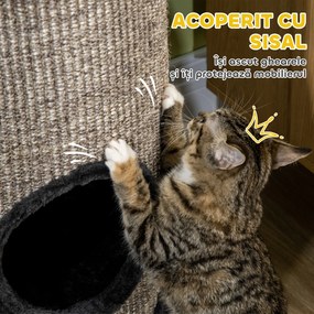 PawHut Cușcă pentru Pisici cu 3 Nivele, Zgârietoare din Sisal și Pluș, Ø38x70cm, Gri | Aosom Romania