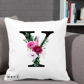Cadou Personalizat - Perna Personalizata Monograma Florala Litera Y cu Buchet, 40x40 cm, Alba Mata, Husa Detasabila, Perna Inclusa, BEKZ®