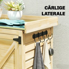 Outsunny Căsuță de Grădină din Lemn de Molid cu Rafturi și Cârlige Laterale, Dulap de Grădină cu Uși Duble și Blat de Lucru din Metal Zincat pentru Terasă, 71,5x39x95cm, Naturală | Aosom Romania