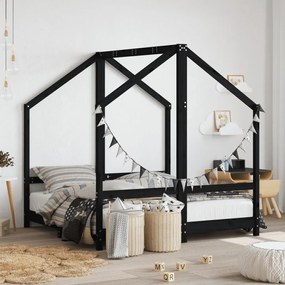 Cadru de pat pentru copii, negru, 2x(70x140) cm, lemn masiv pin