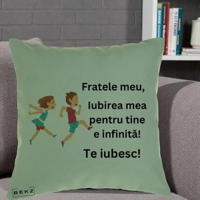Cadou pentru Frate - Perna Personalizata Fratele Meu Te Iubesc Copii Alergand Colorat, 40x40 cm, Verde, Husa Detasabila, Perna Inclusa, BEKZ®