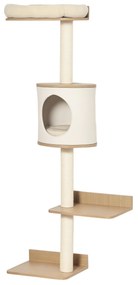 PawHut Copac pentru Pisici de Perete 38x30x149 cm cu Multiple Platforme din Lemn Vizuini Pat Superior Pernă Detașabilă Stâlpi Zgârietoare din Sisal Turn de Cățărat Bej și Stejar | Aosom Romania