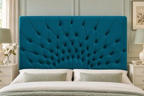 Pat tapițat Chesterfield din catifea Venezia 160×200 cm, turcoaz, cu ladă de depozitare