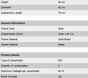 Candelabru cu 5 brate, elegant design LUX Budapest, auriu LU 1440/5 gold/411 klar-Schliff OR