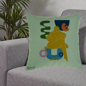 Perna Decorativa Femeie Relaxata Abstract, 40x40 cm, Verde, Husa Detasabila, Perna Inclusa, BEKZ®