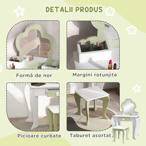 ZONEKIZ Set de toaletă pentru copii cu oglindă de machiaj și scaunel asortat din lemn, sertar și recipiente, alb | Aosom Romania