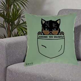 Perna Decorativa Judging You Silently Pisica Buzunar, 40x40 cm, Verde, Husa Detasabila, Perna Inclusa, BEKZ®