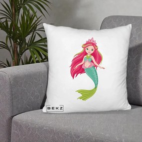 Perna Decorativa Sirena Roz cu Coroana, 40x40 cm, Alb Pufos, Husa Detasabila, Perna Inclusa, BEKZ®