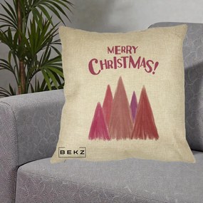 Perna Decorativa Merry Christmas Brazi Roz, 40x40 cm, Crem, Husa Detasabila, Perna Inclusa, BEKZ®