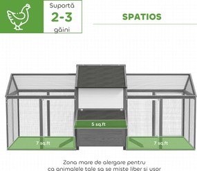 PawHut Coteț din Lemn pentru Găini Ouașe de Exterior cu 2 Recinții Laterale, Cuibar, Acoperiș Impermeabil, Tavă Glisantă, Zonă de Odihnă, Uși și Rampă, pentru 2-4 Găini, 247x118x113.5cm, Gri | Aosom Romania