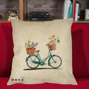 Perna Decorativa Bicicleta Florala Turcoaz Acuarela, 40x40 cm, Crem, Husa Detasabila, Perna Inclusa, BEKZ®