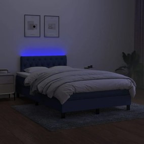 Pat cu arcuri, saltea si LED, albastru, 120x200 cm, textil Albastru, 120 x 200 cm, Design cu nasturi