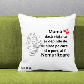 Cadou pentru Mama - Perna Personalizata Mama Nemuritoare Portret Graphic, 40x40 cm, Alba Mata, Husa Detasabila, Perna Inclusa, BEKZ®