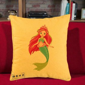 Perna Decorativa Sirena Roz cu Coroana, 40x40 cm, Galben, Husa Detasabila, Perna Inclusa, BEKZ®