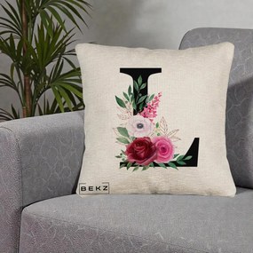 Cadou Personalizat - Perna Personalizata Monograma Florala Litera L, 40x40 cm, Bej Canapea, Husa Detasabila, Perna Inclusa, BEKZ®