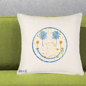 Perna Decorativa Smiley Face Tropical Albastru Glitter si Portocaliu, 40x40 cm, Crem Reliefat, Husa Detasabila, Perna Inclusa, BEKZ®