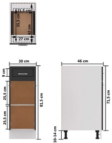 Dulap inferior cu sertar, gri, 30 x 46 x 81,5 cm, PAL Gri, Dulap inferior cu sertar 30 cm, 1