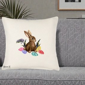 Perna Decorativa Iepuras cu Oua de Pasti Acuarela, 40x40 cm, Crem Reliefat, Husa Detasabila, Perna Inclusa, BEKZ®