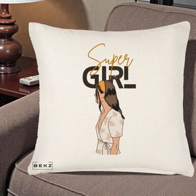 Perna Decorativa Super Girl Aesthetic, 40x40 cm, Crem Reliefat, Husa Detasabila, Perna Inclusa, BEKZ®