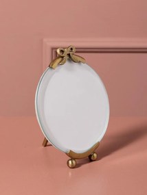 Set 2 rame foto rotunde din sticlă și metal, auriu, fundă sculptată, margine șlefuită și picioare sferice, finisaj antichizat, 2 x 16 x 13 cm,