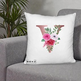 Cadou Personalizat - Perna Personalizata Monograma Rose Gold Litera V, 40x40 cm, Alb Pufos, Husa Detasabila, Perna Inclusa, BEKZ®