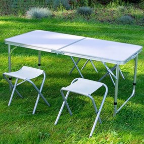 Set mobilier de camping pliabil, Jumi, alb, masă cu picioare reglabile și 4 tabureți