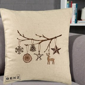 Perna Decorativa Ornamente de Lemn pe Ramura, 40x40 cm, Bej, Husa Detasabila, Perna Inclusa, BEKZ®